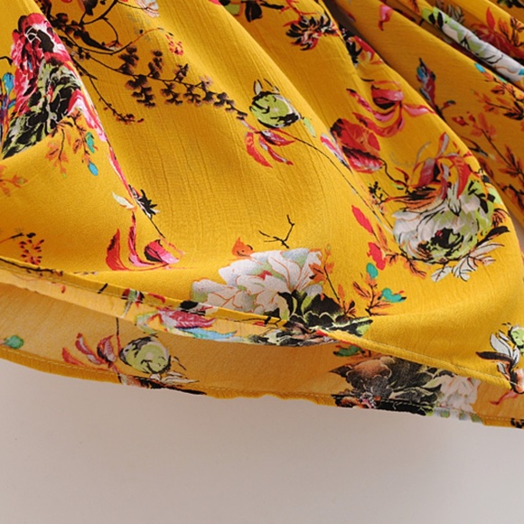 Bohemian Mustard Yellow Floral Print Batwing Festival Dress - Picture 6 of 9